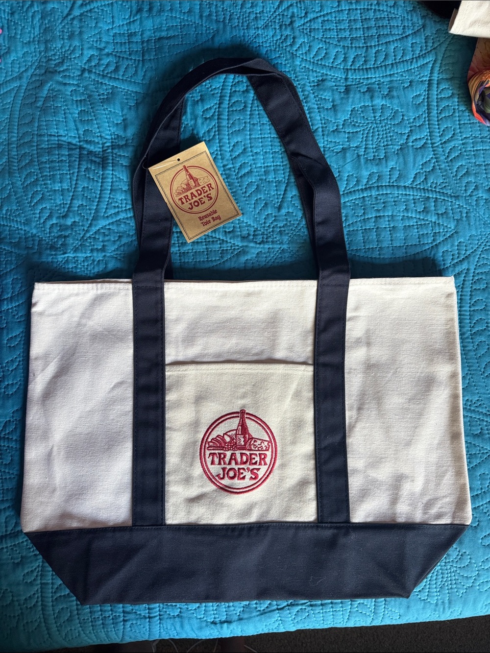 Trader Joe’s White and Navy Canvas Tote Bag